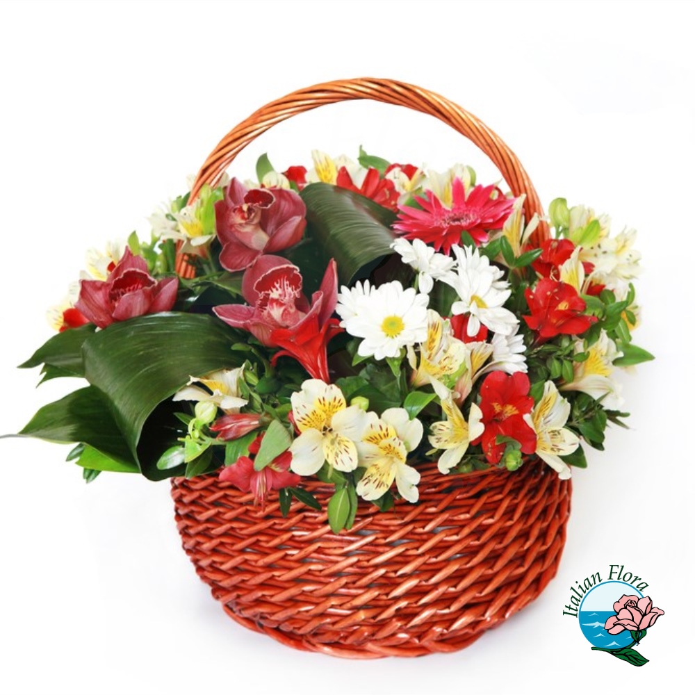 Cesto di fiori bianchi e rossi Cesto di fiori bianchi e rossi