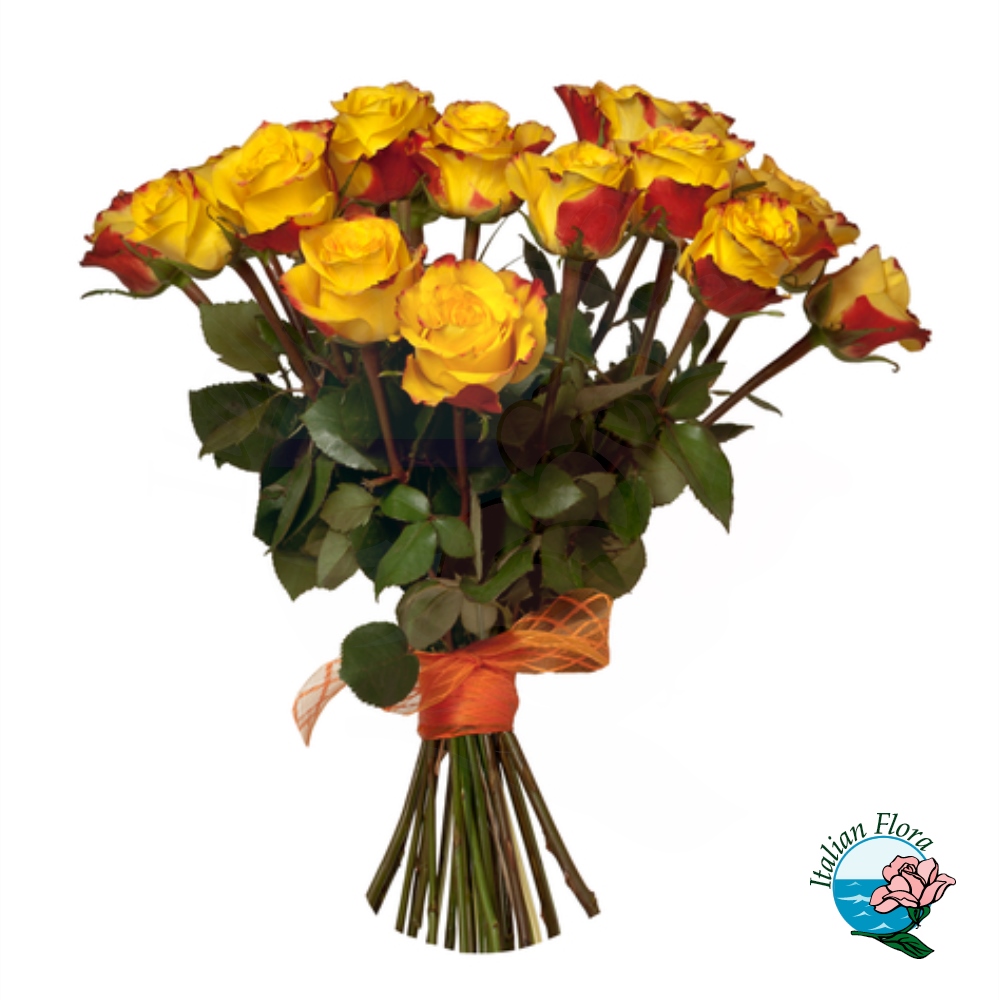 Mazzo di rose sfumate arancioni e rosse Mazzo di rose sfumate arancioni e rosse
